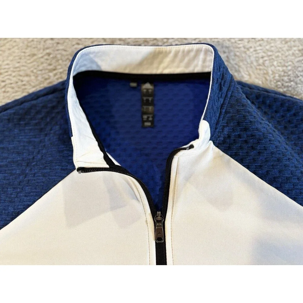 Adidas Mens L White Blue Cold Rdy Golf Fleece Lined 1/4 Zip Pullover